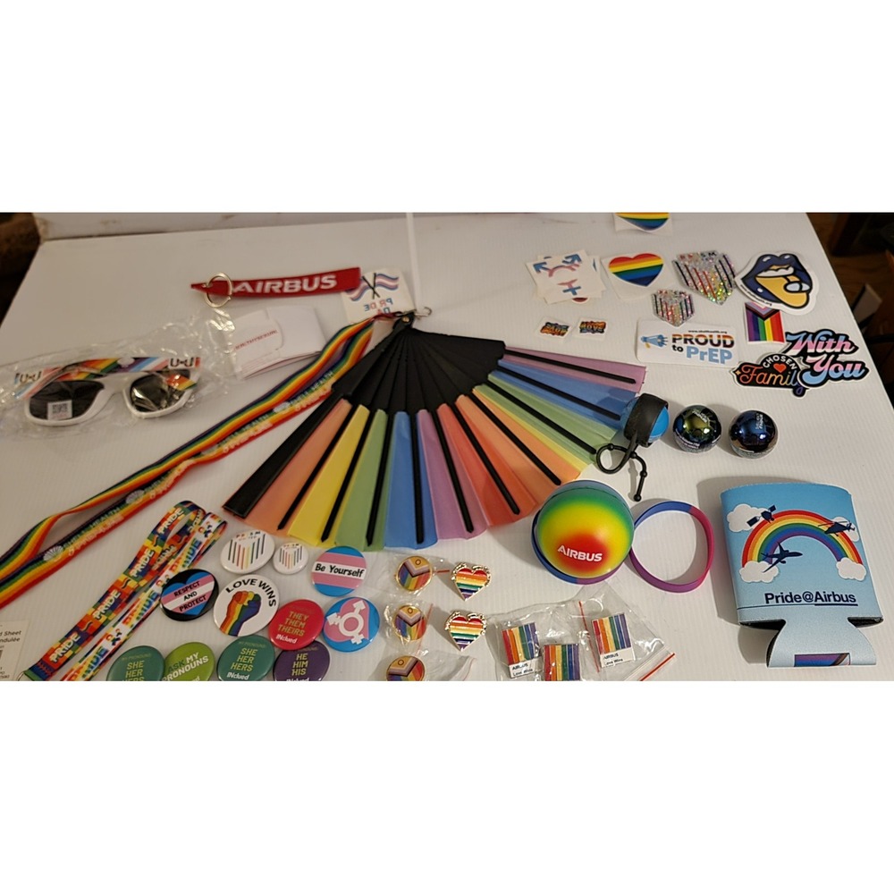 LGBTQ Pride Accessory Lot Airbus Shell Health Lanyards Pins Fan Stickers Bundle